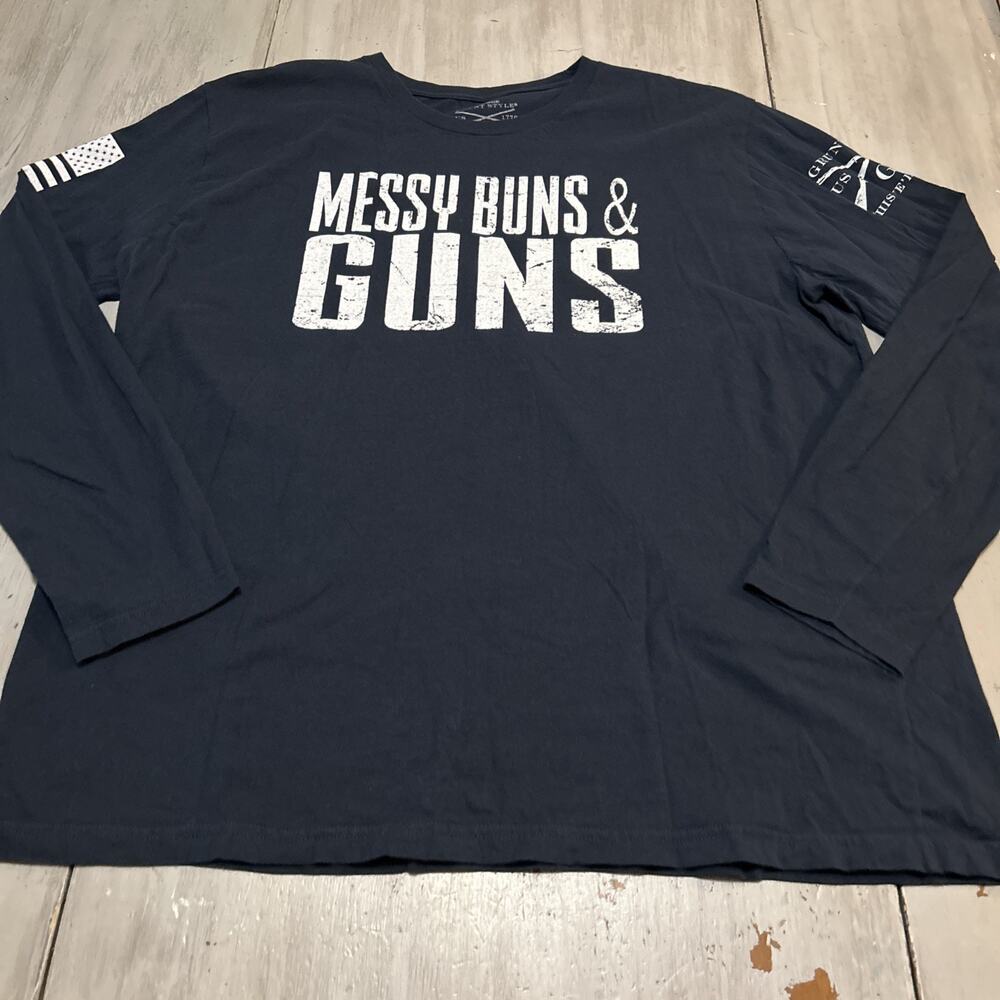 Grunt Style Navy Blue White Messy Buns & Guns Long Sleeve T Shirt Women’s XXL